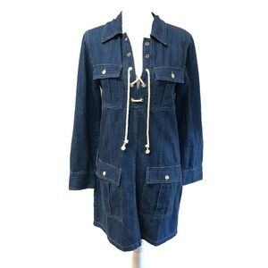 J Crew Denim Dress Womens Small Blue Long Sleeve Lace Up Utility Pocket Boho